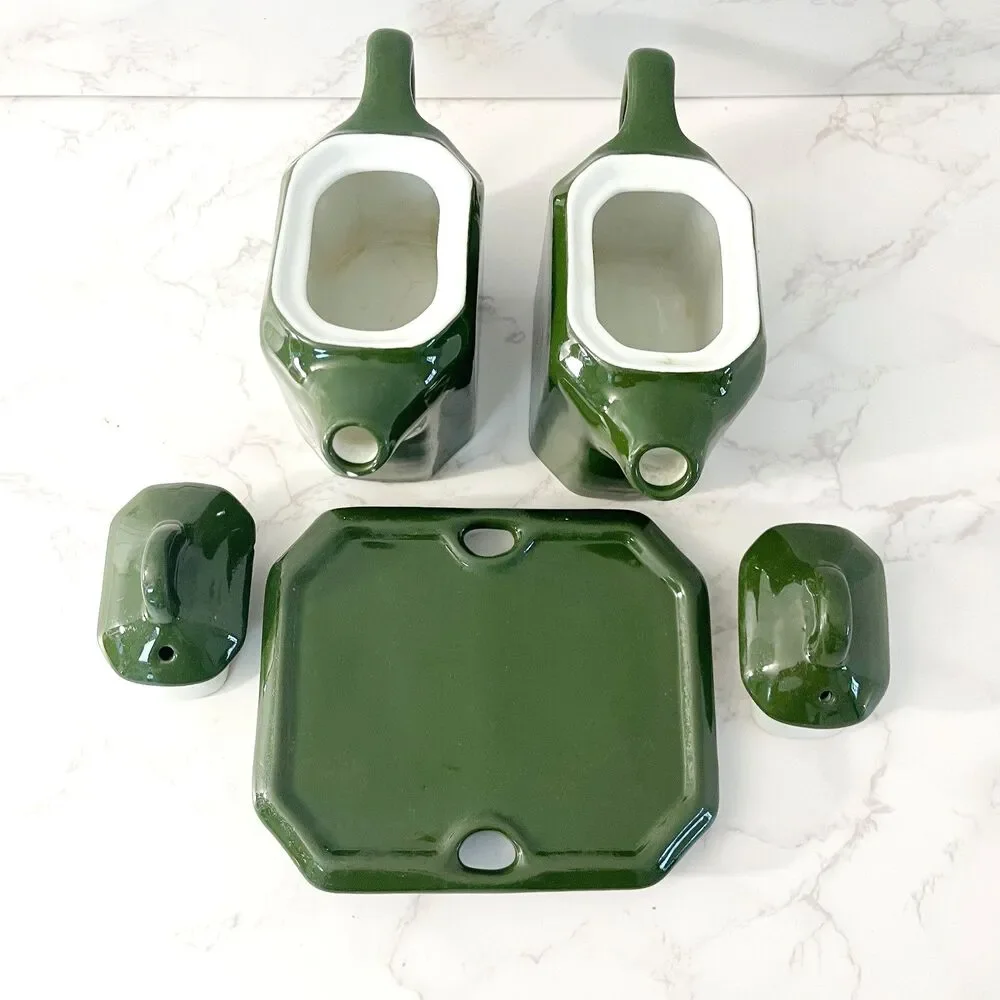Vintage Lidded Shenango China Oil & Vinegar Cruet Set with Tray Forest Green